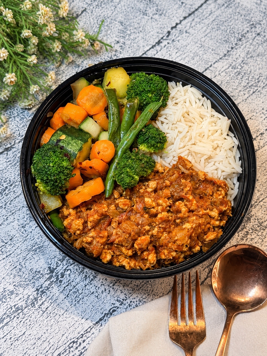 Basmati rice, chicken mince stew & sauteed vegetables
