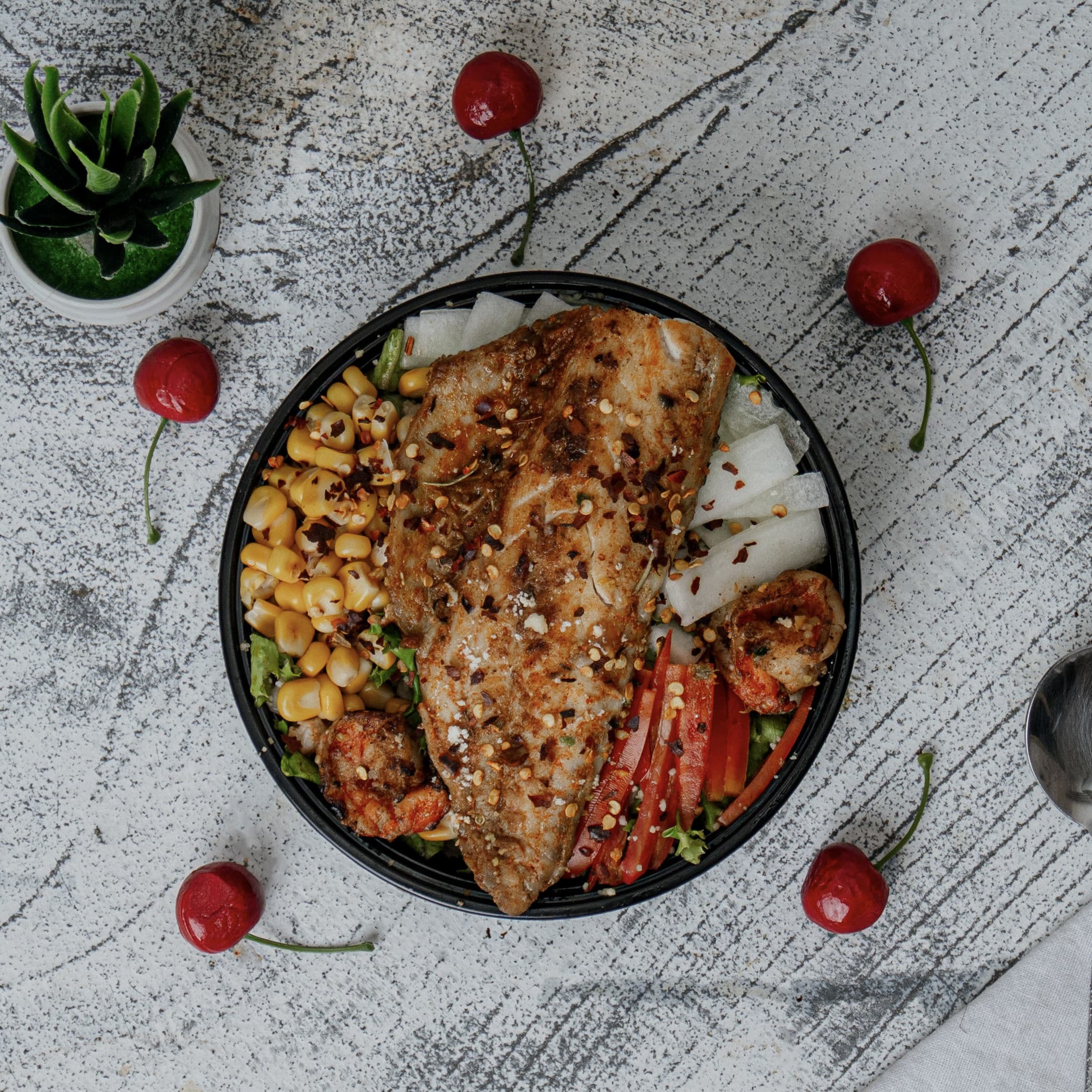 Summer Couscous Salad with Pan-Seared White Fish Fillet