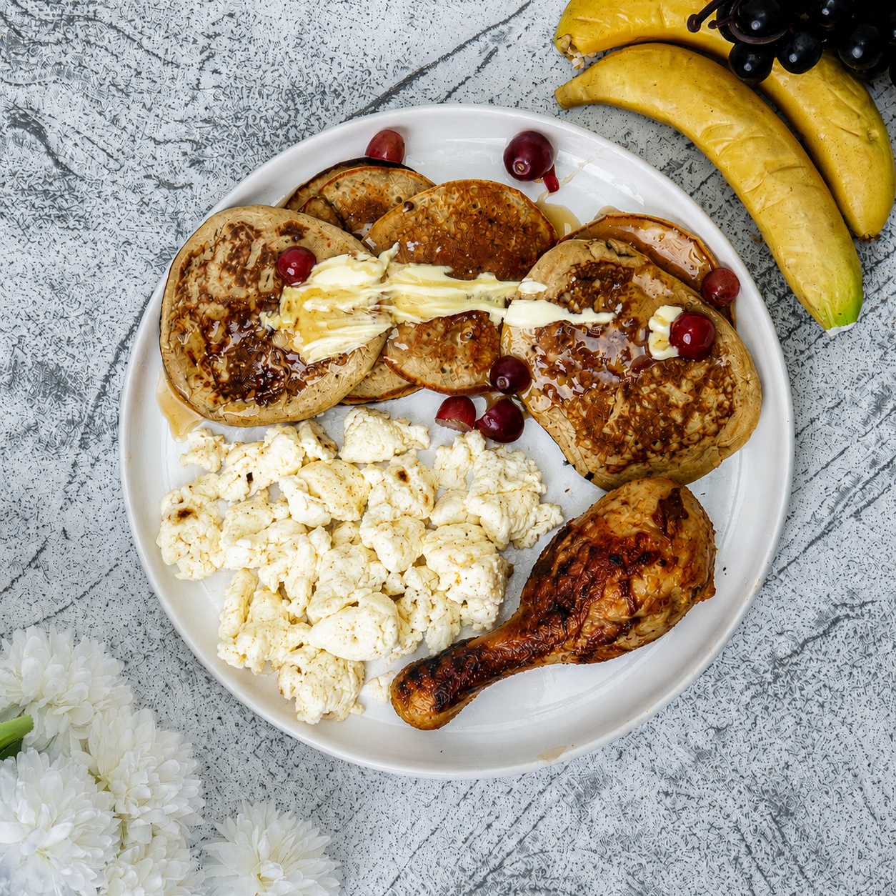 Protein pancakes/ egg whites / chicken drum stick