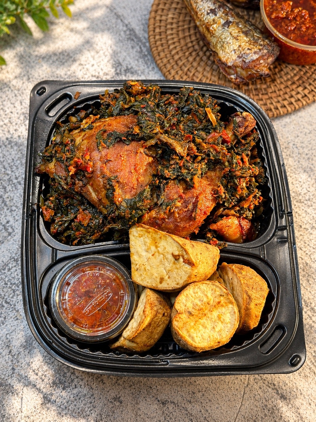 Roasted Sweet Potato, Oil-Free Efo Riro & Grilled Chicken Thighs