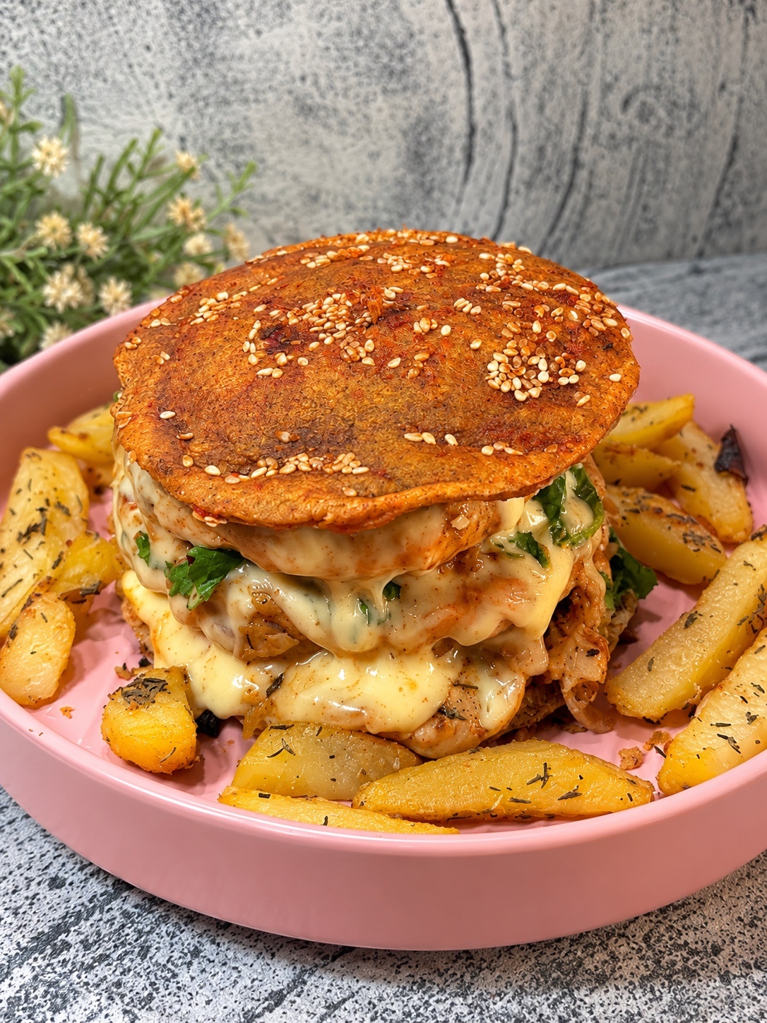 Protein chicken burger with fries