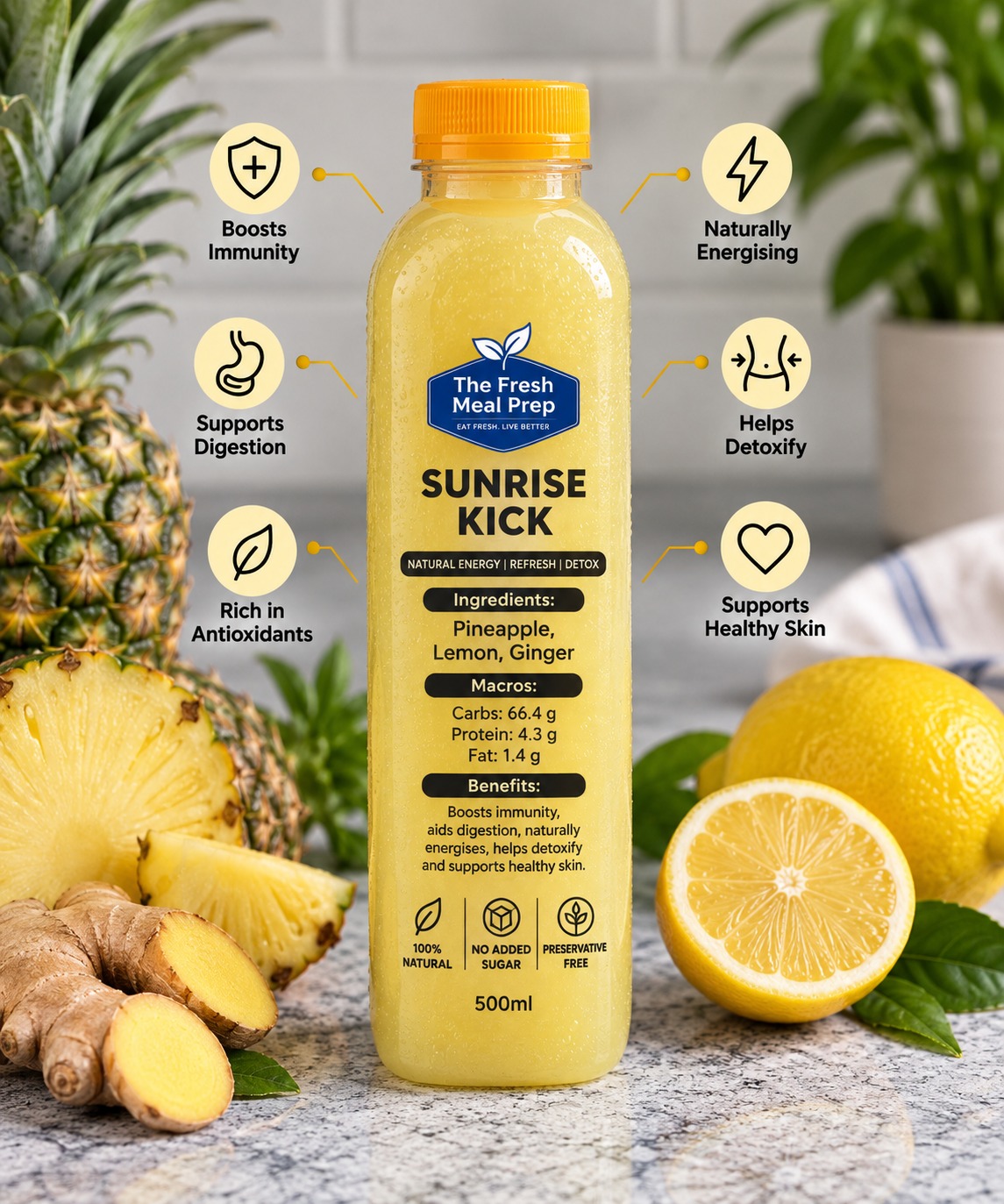 sunrise kick ( pineapple , lemon & ginger )