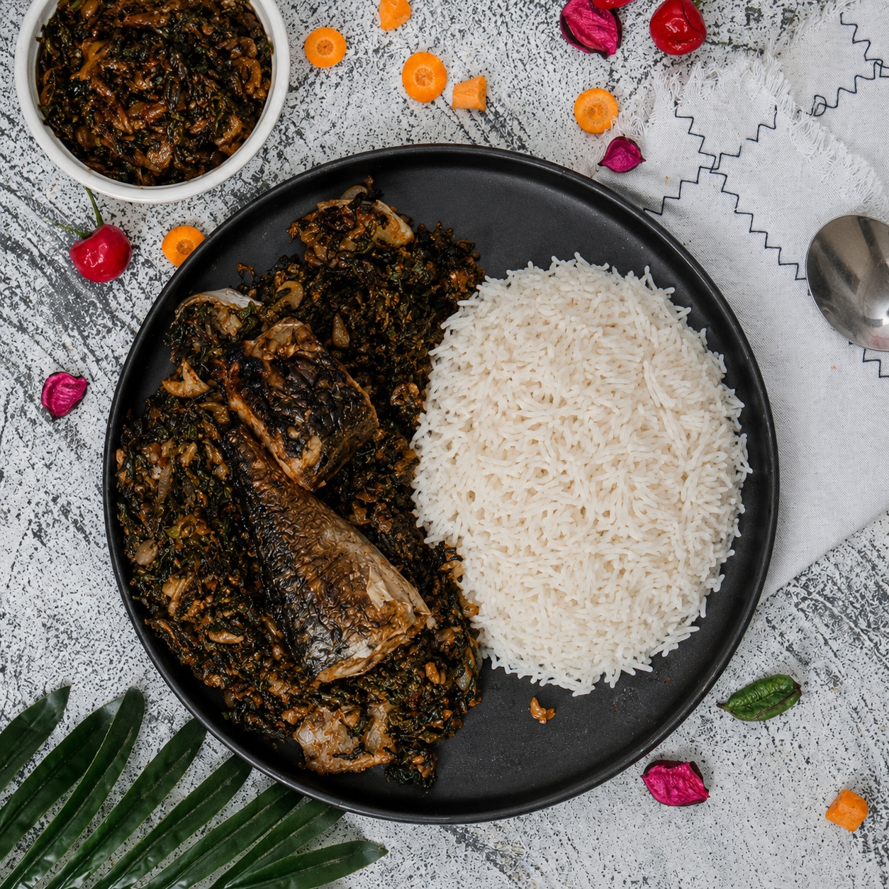 Basmati Rice with Oil-less Efo Riro & Grilled Titus Fish